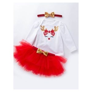 White Red 3 Piece Onsie Tutu Skirt Reindeer Set